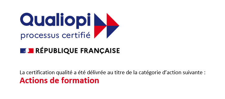 Qualiopi processus certifié
RÉPUBLIQUE FRANÇAISE
La certification qualité a été délivrée au titre de la catégorie d'action suivante :
Actions de formation